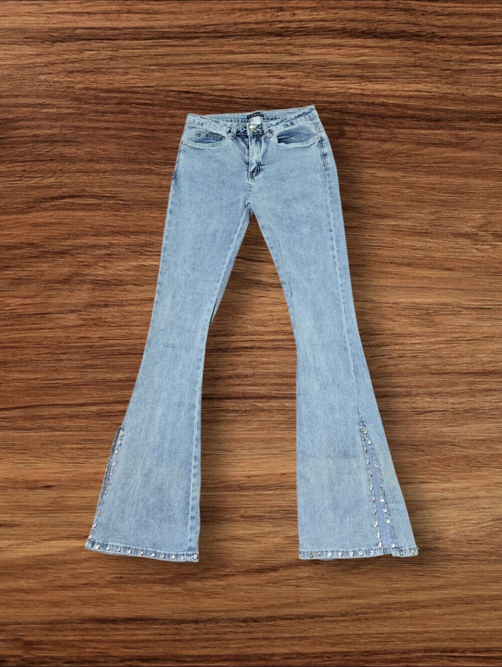 Venus Light Blue Women's Flared Festival Jeans with Split Hem And Rhinestones